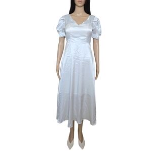 Zara White Satin Midi Dress with Puff Sleeves